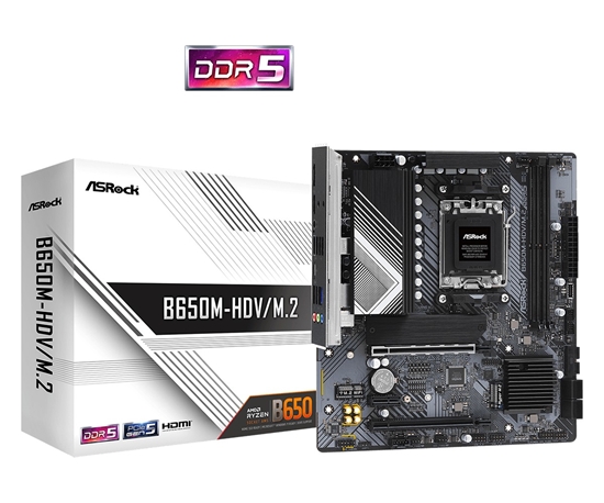Изображение Mainboard|ASROCK|AMD B650|SAM5|Micro-ATX|Memory DDR5|Memory slots 2|1xPCI-Express 4.0 1x|2xPCI-Express 4.0 16x|1xM.2|1xHDMI|1xDisplayPort|1xAudio-In|1xAudio-Out|1xMicrophone|4xUSB 2.0|2xUSB 3.2|1xUSB-C|1xRJ45|B650M-HDV/M.2
