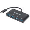 Picture of Manhattan USB-C Dock/Hub, Ports (x4): USB-A (x4), 5 Gbps (USB 3.2 Gen1 aka USB 3.0), External Power Supply Not Needed, Equivalent to Startech HB30C4AB, Cable 20cm, SuperSpeed USB, Black, Three Year Warranty, Blister
