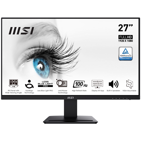 Picture of MSI Pro MP273A 27 Inch Monitor, Full HD (1920 x 1080), 100Hz, IPS, 4ms, HDMI, DisplayPort, VGA, Built-in Speakers, Anti-Glare, Anti-Flicker, Less Blue light, TÜV Certified, VESA, Kensington, Black