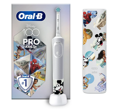 Attēls no Oral-B | Vitality PRO Kids Disney 100 | Electric Toothbrush with Travel Case | Rechargeable | For kids | Number of brush heads included 1 | Number of teeth brushing modes 2 | White