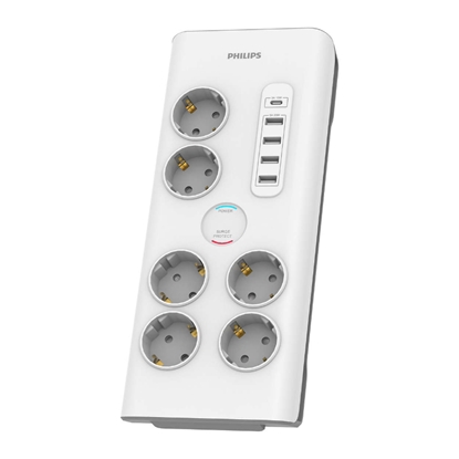 Picture of Philips Surge protector SPN7060WA/58, 6 outlets, 2 m power cord, 1 x Type C port, Max 15 W output, 4 x Type A ports, Max 20 W output, 900 joules of surge protection