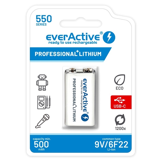 Picture of Rechargeable battery everActive 6F22/9V Li-ion 550 mAh with USB TYPE C