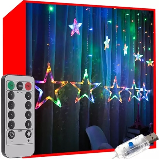 Изображение Riff KS19748 Light Curtain IP44 Snowflake / Ledus / zvaigznes 138 LED ar tālvadības pulti / taimeri (Multicolor)