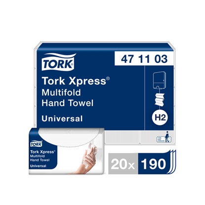 Изображение Roku dvieļi TORK Universal Xpress Multifold, 2 sl., 190 salvetes, 23.4 x 21.3 cm, baltā krāsā ar lapiņām