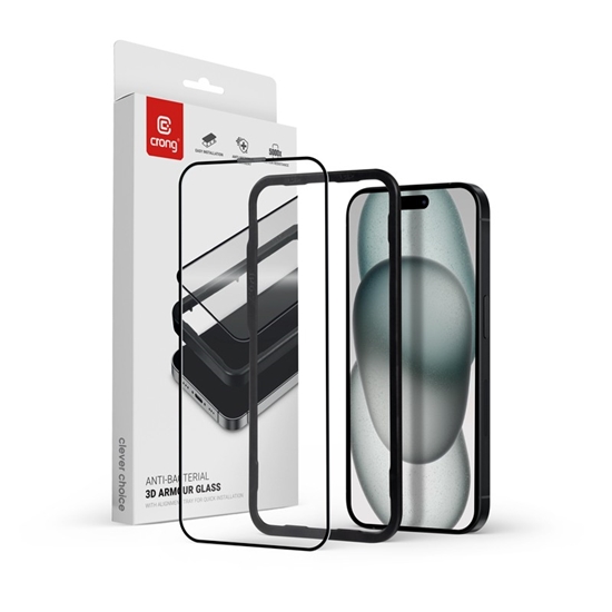 Изображение Szkło hartowane Anti-Bacterial 3D Armour Glass 9H na cały ekran iPhone 16 / iPhone 15 z ramką instalacyjną