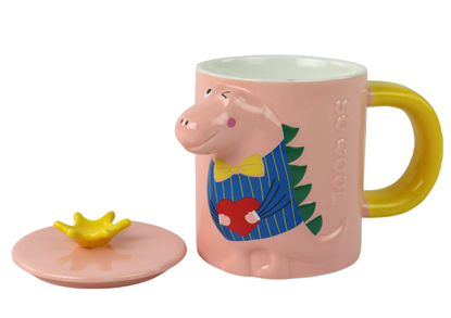 Picture of Vaikiškas keraminis puodelis su šaukštu ir dangteliu, 3D dinozauras, rožinis