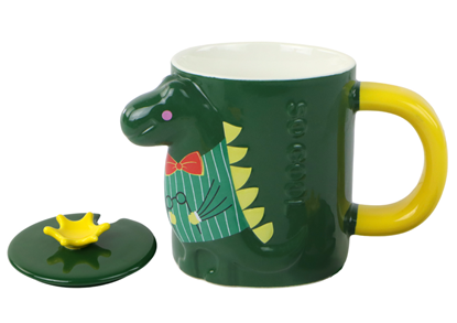 Изображение Vaikiškas keraminis puodelis su šaukštu ir dangteliu, dinozauras, žalia