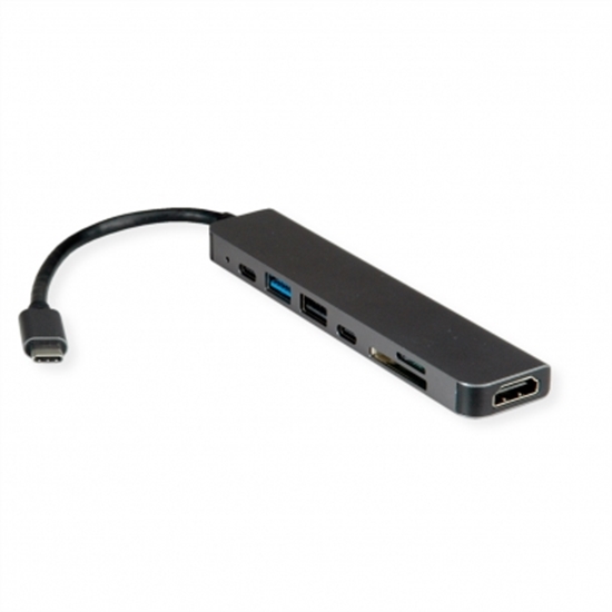 Изображение VALUE Dockingstation Type C, 1x 4K60 HDMI, 2x USB 2.0 (A+C) + 1x USB 3.2 Gen1 (A), 1x Type C (Power Delivery), 1x SD/TF