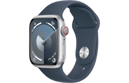 Attēls no Watch Series 9 GPS + Cellular, 41mm Koperta z aluminium w kolorze srebrnym z paskiem sportowy w kolorze sztormowego błękitu - M/L