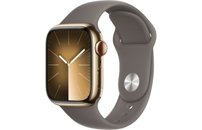 Изображение Watch Series 9 GPS + Cellular, 41mm Koperta ze stali nierdzewnej w kolorze złotym z paskiem sportowym w kolorze popielatego brązu - M/L