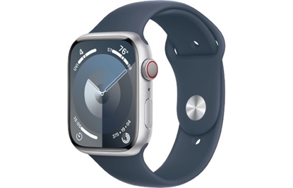 Attēls no Watch Series 9 GPS + Cellular, 45mm Koperta z aluminium w kolorze srebrnym z paskiem sportowy w kolorze sztormowego błękitu - M/L