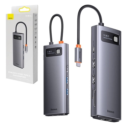 Изображение Baseus Metal Gleam Series 9in1 Hub / USB-C to 2x USB 3.0 / 2x HDMI / USB 2.0 / USB-C PD / Ethernet RJ45 / microSD/SD