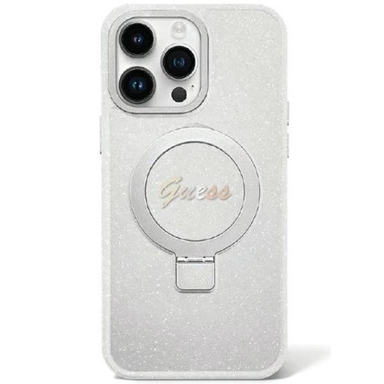 Изображение Guess Ring Stand Script Glitter MagSafe Back Case for Apple iPhone 15 Plus