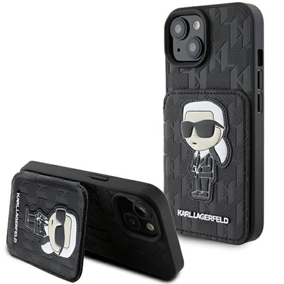 Attēls no Karl Lagerfeld Saffiano Cardslots and Stand Monogram Ikonik Back Case for Apple iPhone 15