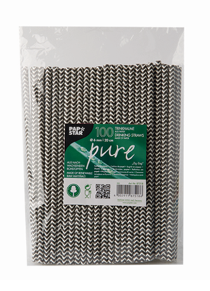 Attēls no Kokteiļu salmiņi, papīra, PURE Zig Zag, melnbalti, D6cm, 20cm, 0.123kg, 100gab