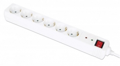 Attēls no Manhattan Power Distribution Unit EU (2-pin), x6 gang/output with on/off switch (neon) and Surge Protection, 2m cable, 16A, White, Extension Lead, PDU, Power Strip, Three Year Warranty