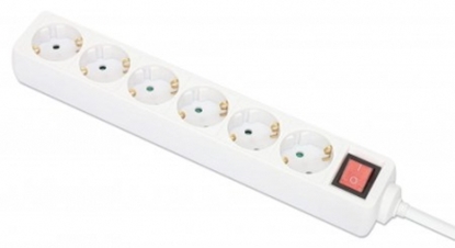 Attēls no Manhattan Power Distribution Unit EU (2-pin), x6 gang/output with on/off switch, 2m cable, 16A, White, Extension Lead, PDU, Power Strip, Three Year Warranty