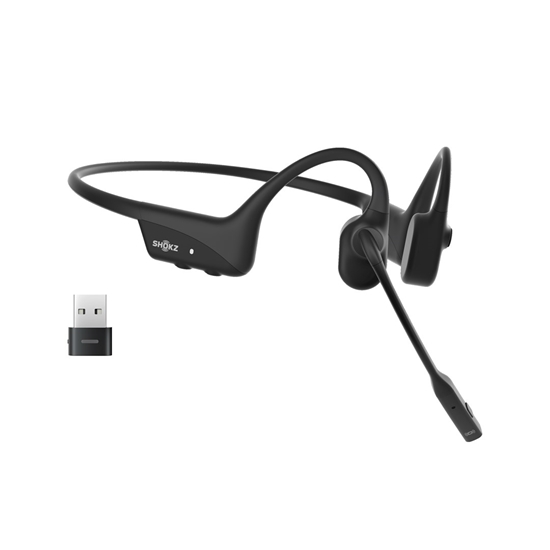 Picture of SHOKZ OpenComm2 UC Wireless Bluetooth Bone Conduction Videoconferencing Headset with USB-A adapter | 16 Hr Talk Time, 29m Wireless Range, 1 Hr Charge Time | Includes Noise Cancelling Boom Mic and Dongle, Black (C110-AA-BK)