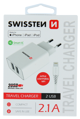 Attēls no Swissten Smart IC Travel Charger 2x USB 2.1A with Lightning MFI Cable 1.2 m