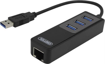 Attēls no USB 3.0 Network Adapter , 10/100 / 1000Mbps , 1xRJ45, 1xUSB3.0 Type A ha, 3x USB3.0 Type A ho, black