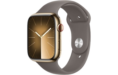 Изображение Watch Series 9 GPS + Cellular, 45mm Koperta ze stali nierdzewnej w kolorze złotym z paskiem sportowym w kolorze popielatego brązu - S/M