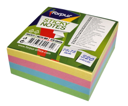 Attēls no Sticky Notes Forpus, 75x75mm, Mix of 4 pastel colours, cube (1x320)