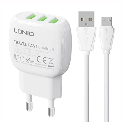 Attēls no Wall charger LDNIO A3315 3USB + MicroUSB cable