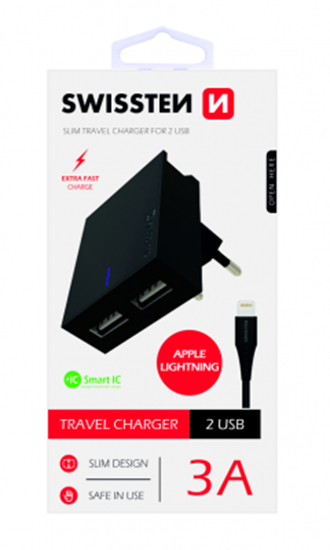 Picture of Swissten Premium Tīkla Lādētājs USB 3А / 15W Ar Lightning (MD818) vadu 120 cm Melns