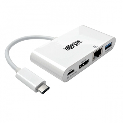 Attēls no Wieloportowy adapter USB-C HDMI, port USB 3.2 Gen 1, Gigabit Ethernet, ładowanie PD 60 W, HDCP U444-06N-HGU-C Biały