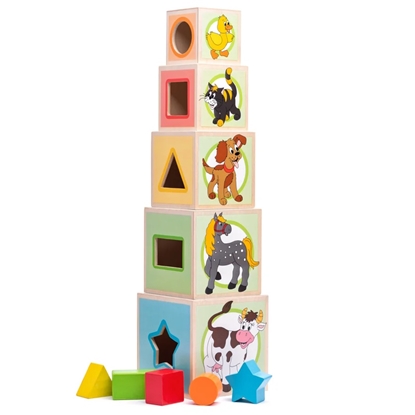 Attēls no Woody 95005 Attīstoša krāsaina Eko koka kubu šķirošanas piramīda ar cipariem / dzīvniekiem (10gab.) bērniem no 3 gadi + (10.6x41cm)