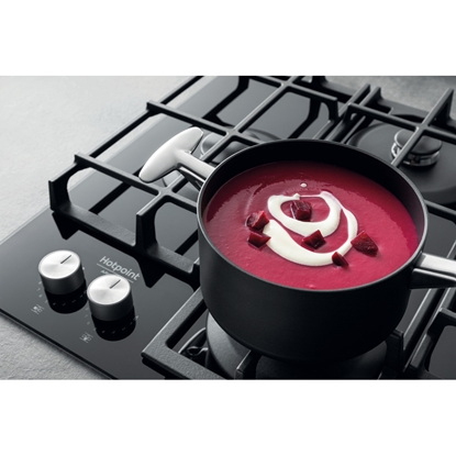 Attēls no Hotpoint | HAGS 61F/BK | Hob | Gas on glass | Number of burners/cooking zones 4 | Rotary knobs | Black