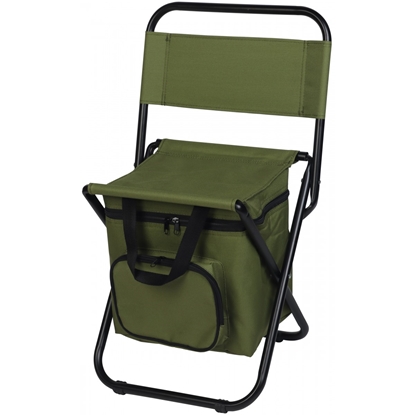 Изображение Zaļš salokāms tūristu makšķerēšanas krēsls ar atzveltni un somu zem sēdekļa