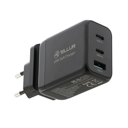 Attēls no Tellur GaN 65W 3-port wall charger, 2xUSB-C + USB-A, EU,UK,US, black