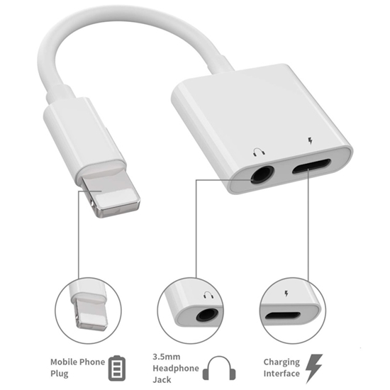Picture of iLike AX7 Dual Lightning Audio Adapter to 3.5mm Headset Plug + Lightning Charger Plug White