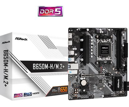 Attēls no Mainboard|ASROCK|AMD B650|SAM5|Micro-ATX|Memory DDR5|Memory slots 2|1xPCI-E|2xPCI-Express 4.0 1x|1xPCI-Express 4.0 16x|1xM.2|1xHDMI|1xDisplayPort|1xAudio-In|1xAudio-Out|1xMicrophone|2xUSB 2.0|3xUSB 3.2|1xUSB-C|1xRJ45|B650M-H/M.2+