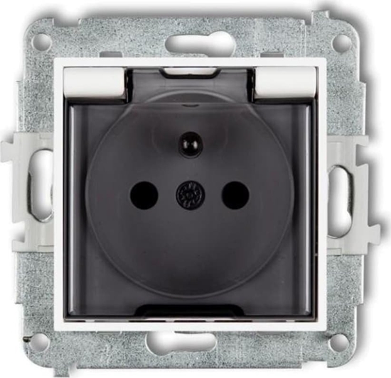 Picture of Karlik Gniazdo bryzgoszczelne Karlik Mini 25MGPB-1zdp z uziemieniem 2P+Z klapka dymna, przesony torów prdowych biay mat/dymione