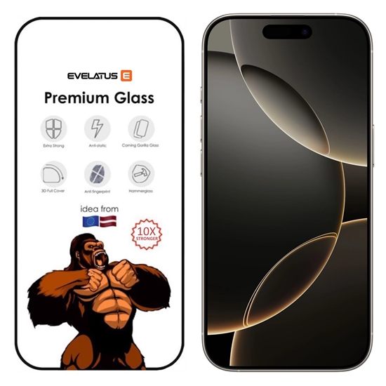 Picture of Evelatus Apple iPhone 16 Pro / 17 Corning Gorilla Glass Anti-Static 3D Full Cover 10X Stronger Black