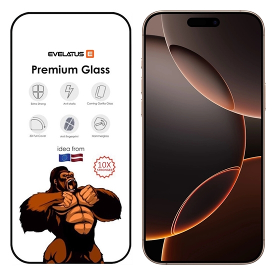 Picture of Evelatus Apple iPhone 16 Pro Max Corning Gorilla Glass Anti-Static 3D Full Cover 10X Stronger Black