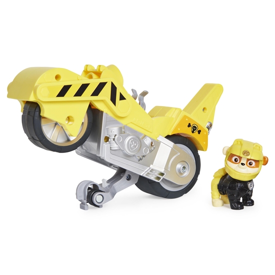 Изображение PAW Patrol , Moto Pups Rubble’s Deluxe Pull Back Motorcycle Vehicle with Wheelie Feature and Figure