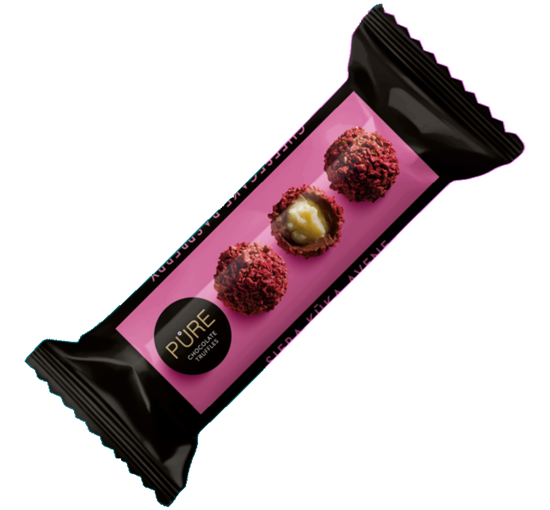 Picture of Piena šokolādes trifeles ar siera kūkas garšas krēma pildījumu un aveņu dekoru 32g, PURE