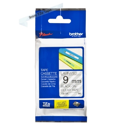 Picture of Brother TZE-121 (TZE121) Laminated Labelling Tape Cassette, Black on Clear 9mm, 8m