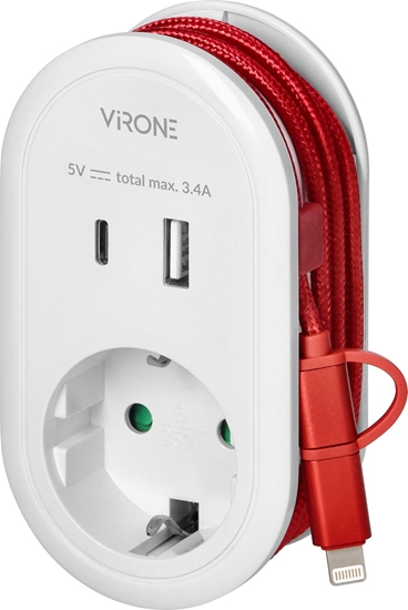 Picture of Adapter USB Orno Adapter z adowark USB i kablem adujcym (typ C + Lightning), 1x2P+Z Schuko, 2xUSB (Typ A+C), max 3,4A