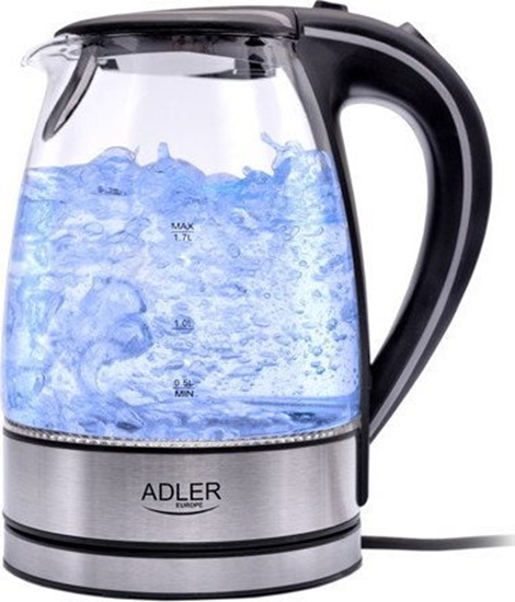 Изображение Adler | Kettle | AD 1225 | Standard | 2000 W | 1.7 L | Glass | 360° rotational base | Transparent/Stainless steel