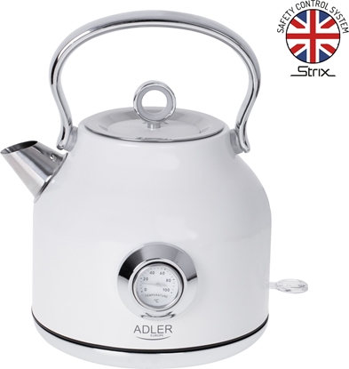 Изображение Adler Kettle with a Thermomete AD 1346w Electric, 2200 W, 1.7 L, Stainless steel, 360° rotational base, White