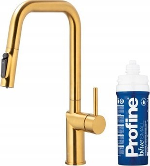 Изображение Bateria kuchenna KFA DUERO PURE STYLE PULL-OUT BATERIA KUCHENNA Z FUNKCJ FILTRACJI WODY I WYCIGAN WYLEWK + ZESTAW FILTRUJCY PROFINE BLUE S, BRUSHED GOLD