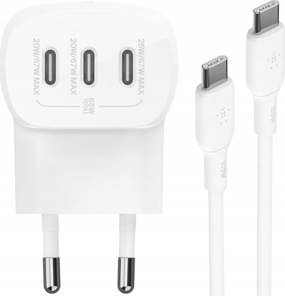 Attēls no Belkin BOOST Charge USB-C 67W 3xUSB-C + Cable WCC002vf2MWH-B6