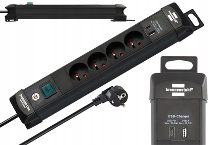 Изображение BRENNENSTUHL LISTWA ZASILAJCA PREMIUM-LINE 4 GN 3M CZARNA, USB-C PD 30W, USB-A 18W