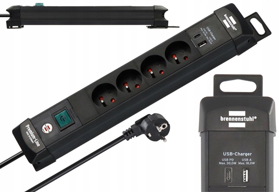 Изображение BRENNENSTUHL LISTWA ZASILAJCA PREMIUM-LINE 4 GN 3M CZARNA, USB-C PD 30W, USB-A 18W
