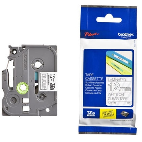 Изображение Brother TZE-135 (TZE135) Laminated Labelling Tape Cassette, White On Clear 12mm, 8m