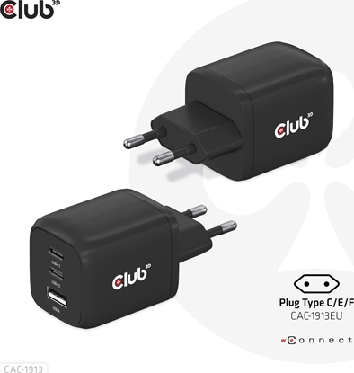 Attēls no Club 3D Club3D cestovní nabíjeka 65W GAN technologie, 3 porty (2xUSB-C + USB-A), PPS, Power Delivery(PD) 3.0 Support